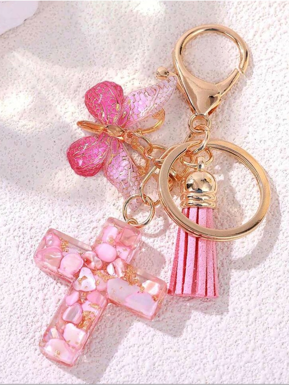 Pink Butterfly & Cross Tassel Keychain